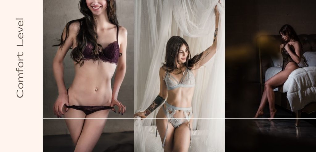 Photos of a few different women who are undressing. They are posed for their boudoir session, and look comfortable and happy