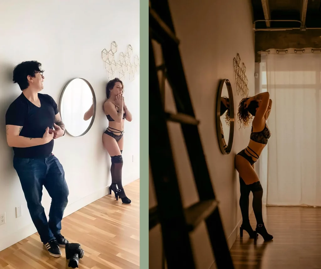 a photographer is giving a woman in black lingerie instructions for posing for her boudoir shoot
