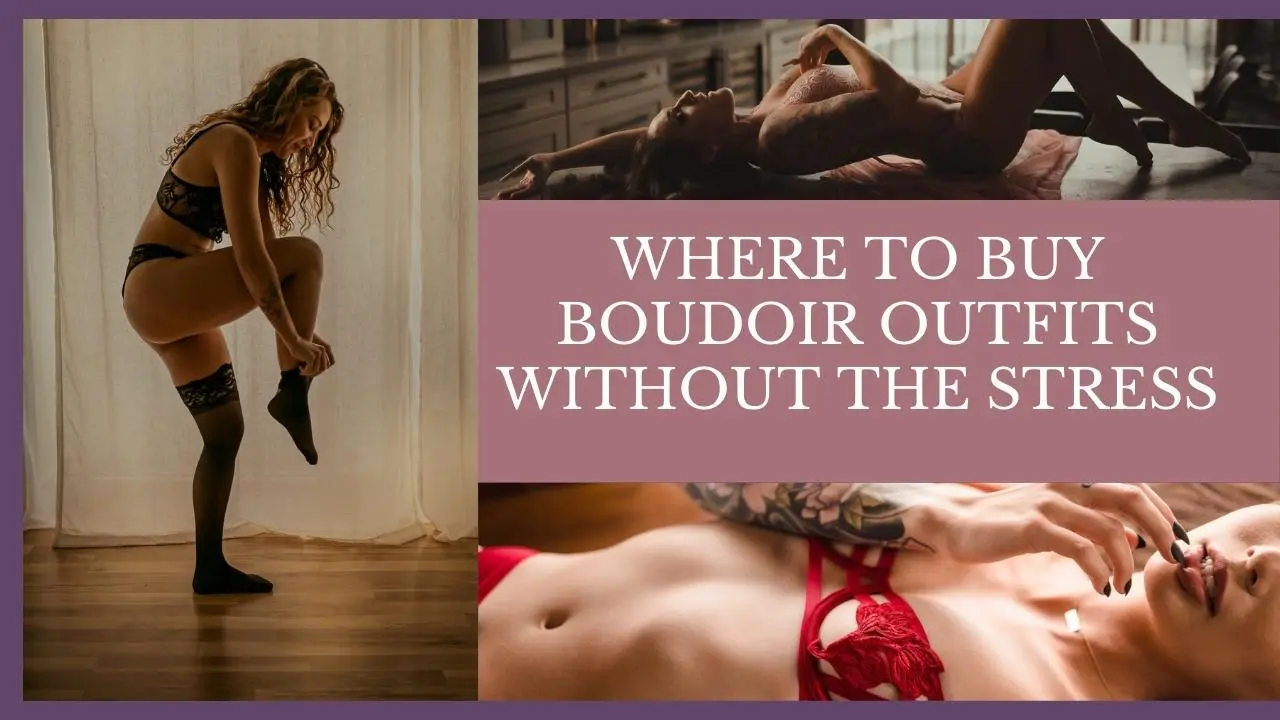 A collage of boudoir images that have different women buying and trying on boudoir outfits